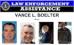 Vance Luther Boelter, age 57, is shown here in photographs compiled by the FBI for a wanted poster.