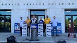 Betsy Johnson, a nonaffiliated candidate for governor, addresses supporters before turning in signatures to qualify for the ballot on Aug. 16, 2022.