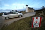 Voters arrive at the Buck Creek School to vote on Election Day, Nov. 5, 2024, in rural Perry, Kan.