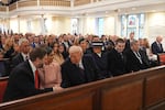 President-elect Donald Trump shakes hands with Vice President-elect JD Vance as Usha Vance watches as he arrives for a service at St. John's Church, Monday, Jan. 20, 2025, in Washington, ahead of the 60th Presidential Inauguration.