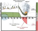 An illustration showing the scale of wildfire before and after fire exclusion and suppression.