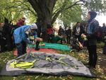 Protesters pitch tents on the lawn of Portland Mayor Charlie Hales. Protesters are calling for his resignation.
