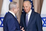 Israeli Prime Minister Benjamin Netanyahu (left) and then-Vice President Biden talk prior to a meeting on the sidelines of the World Economic Forum in Davos, Switzerland, Jan. 21, 2016. President Biden spoke Sunday, with Netanyahu to "express concern" over his government's planned judicial overhaul that has sparked widespread protests across Israel and to encourage compromise.