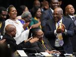 Newly elected Speaker of Parliament Thoko Didiza receives applause from African National Congress lawmakers during the first sitting of the National Assembly following elections, at the Cape Town International Convention Center, in Cape Town, South Africa, Friday.