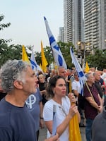 Retired Israeli Air Force officers protest against the war in Gaza outside the country's defense ministry headquarters in Tel Aviv on August 12, 2025