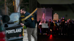 Left: An FBI agent speaks with a Portland police officer Jan. 8, 2026. Right: Protesters gather outside the U.S. Immigration and Customs Enforcement facility.