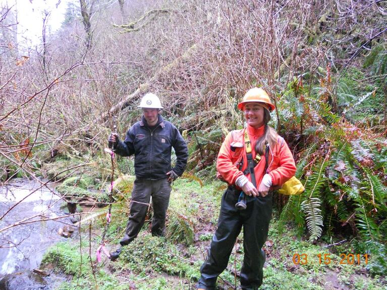 Garrett Groth, Reforestation Unit Forester on the Coos District, and Liz Dent, ODF Aquatic and Riparian Specialist, engaged in stream identification activities on the Elliott State Forest.  Streams are classified as fish-bearing or non-fish bearing, and m
