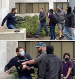 Two photos one atop the other. In the first, a group of unmasked men appears to be approaching a man outside the Oregon Capitol building, who holds a professional camera. In the second image, a man wearing a camouflaged baseball cap has grabbed the professional camera while the man holding the camera leans back.