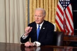 President Joe Biden speaks from the Oval Office of the White House as he gives his farewell address Wednesday, Jan. 15, 2025, in Washington. (Mandel Ngan/Pool via AP)