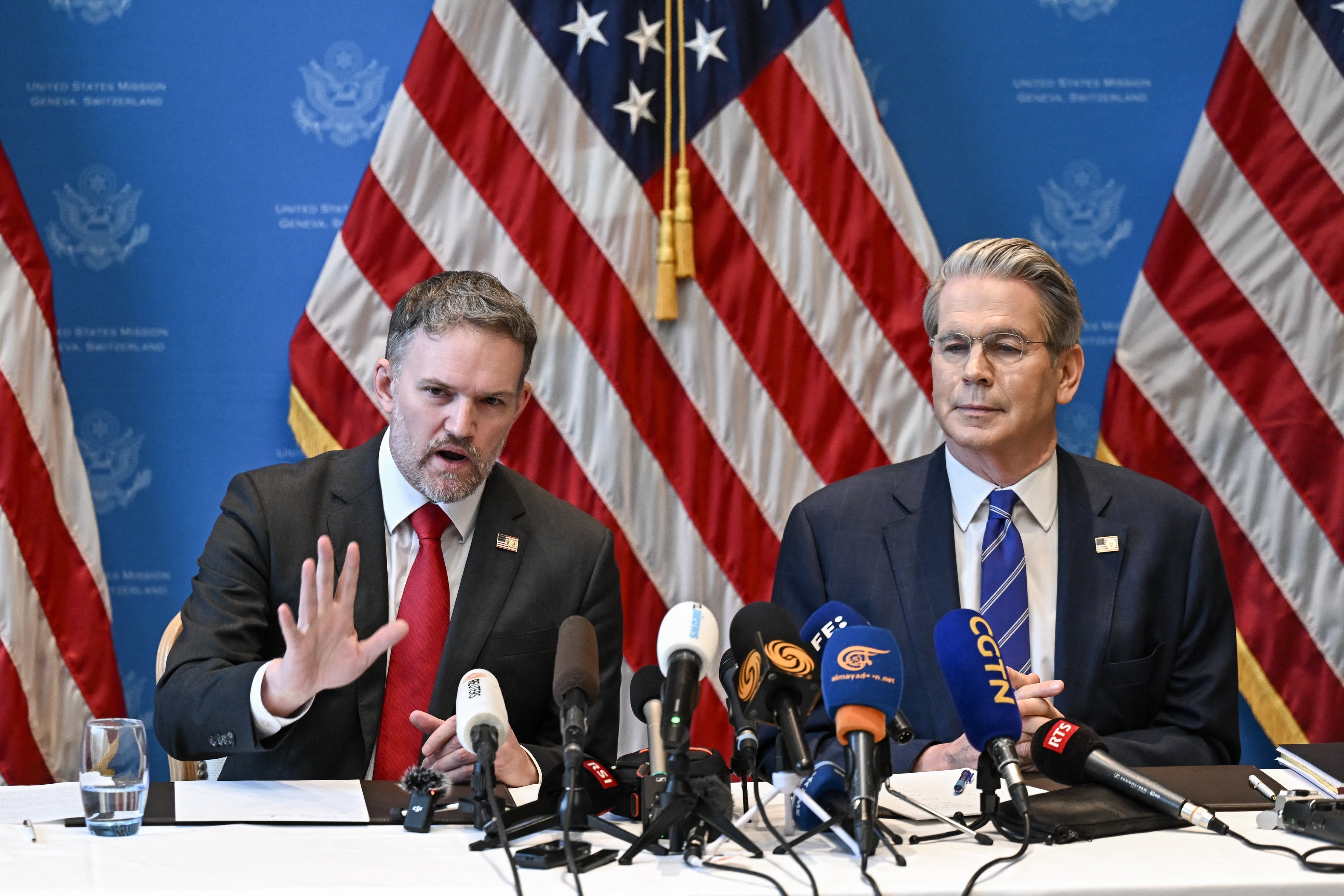 Treasury Secretary Scott Bessent (right) and U.S. trade representative Jamieson Greer hold a news conference in Geneva on May 12 to give details of