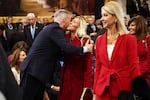 Former Speaker of the House Kevin McCarthy, left, greets Rep. Marjorie Taylor Greene, R-Ga., before the 60th Presidential Inauguration in the Rotunda of the U.S. Capitol in Washington, Monday, Jan. 20, 2025.