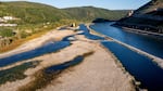 Picture taken on August 14, 2026 with a drone shows the "Binger Mäuseturm" (Bingen Mouse Tower) on a small island in the dried-up river Rhine near Bingen, western Germany. As a heat wave dries Germany's rivers, government ministers are at odds over what to do about it -- re-engineer the waterways or restore them to their natural state.