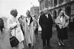 Le Pen leads a march to the statue of Joan of Arc with his three daughters Marie Caroline, Yann and Marine Le Pen in 1985.
