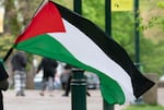 FILE - A protester carries a flag in Portland State Univeristy’s South Park Blocks, April 26, 2024. 