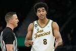 FiLE - San Francisco forward David Fuchs (8) talks with an official during an NCAA college basketball game against Gonzaga in San Francisco, Wednesday, Feb. 18, 2026.