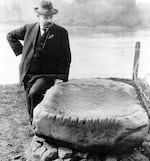 A large, carved rock that used to sit near the Willamette River honored an Indigenous creation story that explains the creation of Willamette Falls. Oregon City businessman Frank Busch, pictured here, found the rock and put it on display in the 1930s, but a couple decades later the rock was moved and now it is missing.