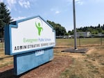The sign outside Evergreen Public Schools pictured July 29, 2020. The school was one of many to announce plans to start fall with online-only classes.