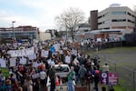 Thousands attended the “Labor Against ICE” protest, which began at Elizabeth Caruthers Park in Portland’s South Waterfront neighborhood, Jan. 31, 2026, and then marched to the U.S. Immigration and Customs Enforcement building in Portland.