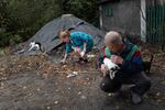 Daria Kuznetsova picks through a coal pile while her husband, Voldymyr Kuznetsov, holds one of their cats outside their home in Dobropillya, Ukraine, on Oct. 17. Kuznetsova complains that the coal she has received this season is of poor quality and full of stones.