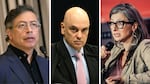Colombian President Gustavo Petro (left), Brazil's federal Supreme Court minister Alexandre de Moraes and Francesca Albanese, United Nations special rapporteur on the situation of human rights in the Palestinian territories, all speak into microphones. 