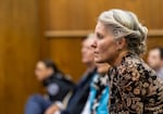 Jill Brown, wife of slain Clark County Sheriff Sgt. Jeremy Brown, listens to the prosecution’s closing arguments Monday, Sept. 25, 2023, during the trial of Guillermo Raya Leon at the Clark County Courthouse. Leon is accused of fatally shooting the sergeant in July 2021.
