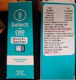 The front and back of a turquoise and white box labeled "Select CBD drops broad spectrum hemp" says that it contains 3.26% CBD and no measurable THC.