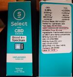 The front and back of a turquoise and white box labeled "Select CBD drops broad spectrum hemp" says that it contains 3.26% CBD and no measurable THC.
