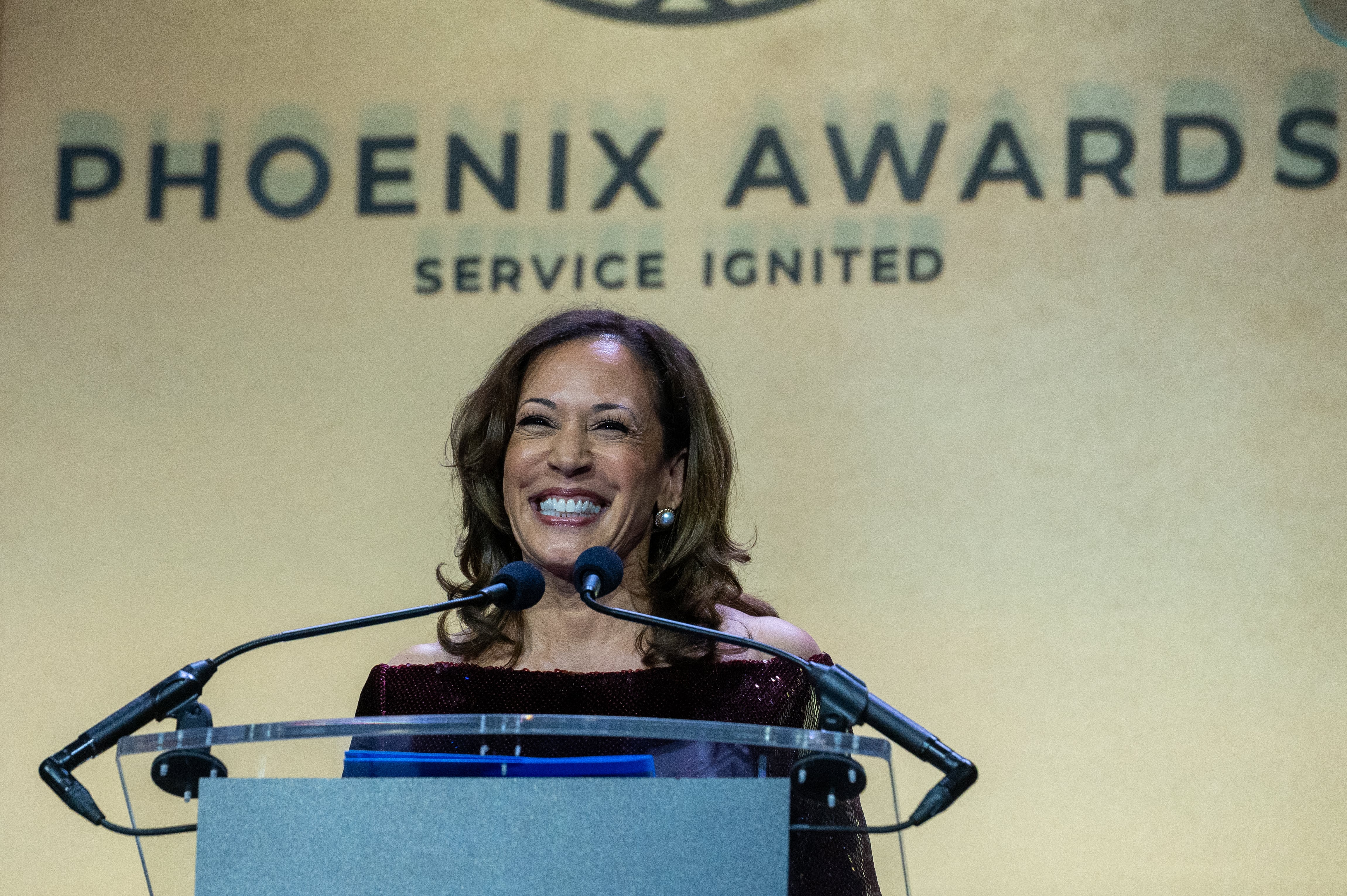 FILE - Former Vice President Kamala Harris speaks after receiving the Congressional Black Caucus Foundation Phoenix Award in Washington, on Saturday, Sept. 27, 2025.