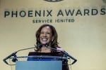 FILE - Former Vice President Kamala Harris speaks after receiving the Congressional Black Caucus Foundation Phoenix Award in Washington, on Saturday, Sept. 27, 2025.