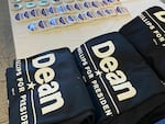 Campaign merchandise for Rep. Dean Phillips' campaign at a town hall event at the RiverWoods retirement community in Exeter, N.H. on Dec. 8, 2023.