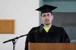 Terrance Stevens gives a commencement speech during his graduation at the Deer Ridge Correctional Institution in Madras, Ore., on June 9, 2026.