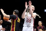 Stanford forward Cameron Brink (22) reacts after being fouled during the second half the Pac-12 championship game March 10, 2024, in Las Vegas. Brink is from Beaverton and will play in the NCAA women's regionals in Portland this weekend.