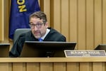 Judge Benjamin Souede gives the jury instructions on the opening day of trial, Monday, July 18, 2022, in Multnomah County Circuit Court. Russell Schultz, III, MacKenzie Lewis, and Joey Gibson faced charges for allegedly instigating a street fight between Patriot Prayer and anti-fascists on May 1, 2019, at the now-closed bar Cider Riot.