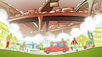 Illustration of pedestrians, cyclists, a car and a light rail train underneath looming freeway overpasses congested with traffic.