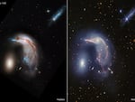 Two interacting galaxies, dubbed the Penguin and the Egg, are seen in more clarity and detail than ever, after NASA released a new image (right) from the James Webb Space Telescope. An older image from the Hubble Space Telescope is seen at left.