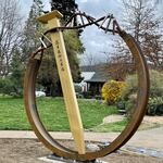 Metal sculpture entitled "Golden Connection" in Ashland, Oregon, created by Cobalt Designworks, 2022.