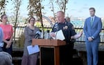 Portland Police Chief Bob Day spoke about Multnomah County's plans for drug deflection. He joined Multnomah County District Attorney Mike Schmidt (right) and Multnomah County Chair Jessica Vega Pederson in Portland on July 31, 2024.