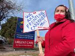 X-ray technologist Afton Rogers was among roughly 140 health care workers at St. Charles Bend Hospital who went on strike over compensation on Thursday, March 4, 2021.