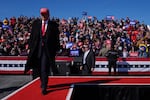 Former President Donald Trump arrives for a campaign rally in Lititz, Pa., on Nov. 3, 2024.