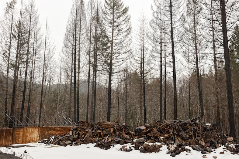 Charred rubble near Breitenbush Hot Springs, March 5, 2021. The area was destroyed by the Beachie Creek and Lionshead fires in 2020.