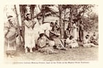 Pamunkey women making pottery at the Pottery School on the Reservation in the early 20th century.