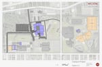This overhead architectural drawing illustrates the proposed high school in purple. The existing high school is on the right, in a layer under the proposed softball fields, which are in yellow.