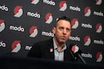 President of Business Operations Dewayne Hankins speaks at a press conference during the Portland Trail Blazers media day at the Moda Center in Portland, Ore., on Sept. 28, 2026.