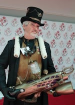 Derek Mckinney of Vancouver, Washington, is dressed in steampunk costume as a zoologist who pursues mythical creatures. "Everything's handmade. Most of it is from goodwill and garage sales," he says.