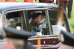 King Charles III drives past Wellington Arch during the State Funeral of Queen Elizabeth II on Monday.