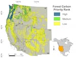 This map illustrates the carbon sequestration potential of forests across the West, according to new research findings.