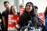 FILE - Seattle city councilmember Kshama Sawant speaks at City Hall in Seattle on June 12, 2018. Henry Bridger II, a former supporter of Sawant, is leading an effort to recall her, and ballots are due Tuesday, Dec. 7, 2021 in Seattle's Third District. The results could further shift power in the Northwest's largest city and deal another setback to leftist activists who saw business-friendly candidates win a council seat and the mayor's office in the November 2021 general election.