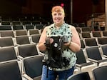 FILE - Becky Hatley, the Gesa Power House Theatre’s artistic director, displays one of the haptic vests the theater purchased. Hatley said that getting the vests, which help deaf audience members feel live music, was a passion project for her.