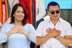 Ecuador's leftist presidential candidate Luisa Gonzalez on the left and Ecuador's President and presidential candidate Daniel Noboa on the right.