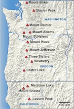 This map, provided by the National Park Service, shows the primary volcanoes in the Cascade Mountain Range.